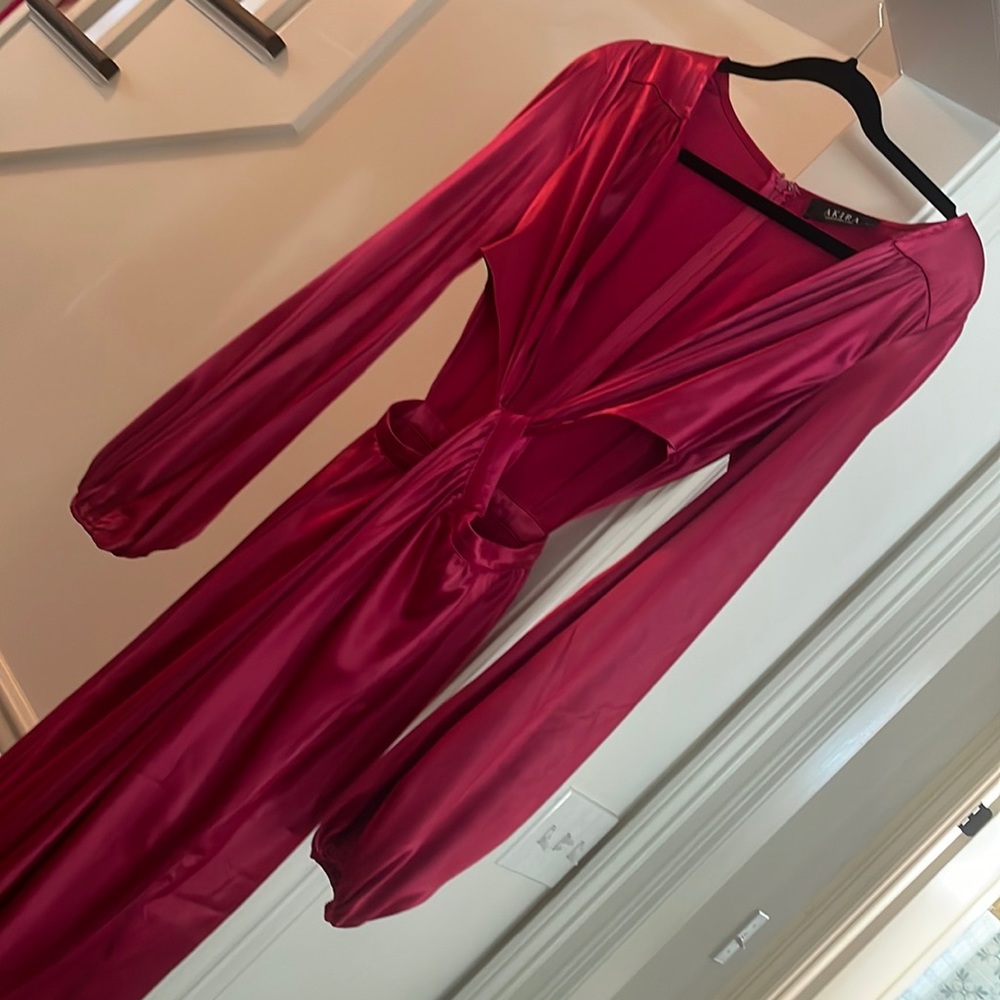 AKIRA Satin Maxi Dress with Shorts Plunge Neck